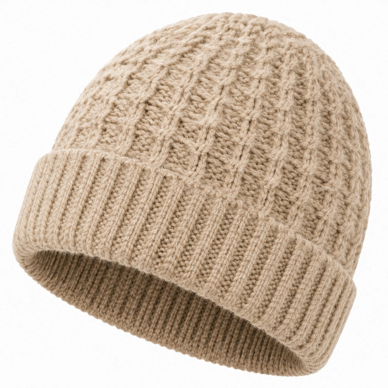 Gorro de punto talla única beige - tejido trenzado con vuelta para invierno