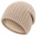 Gorro de punto talla única beige con forro afelpado - estilo trenzado para invierno