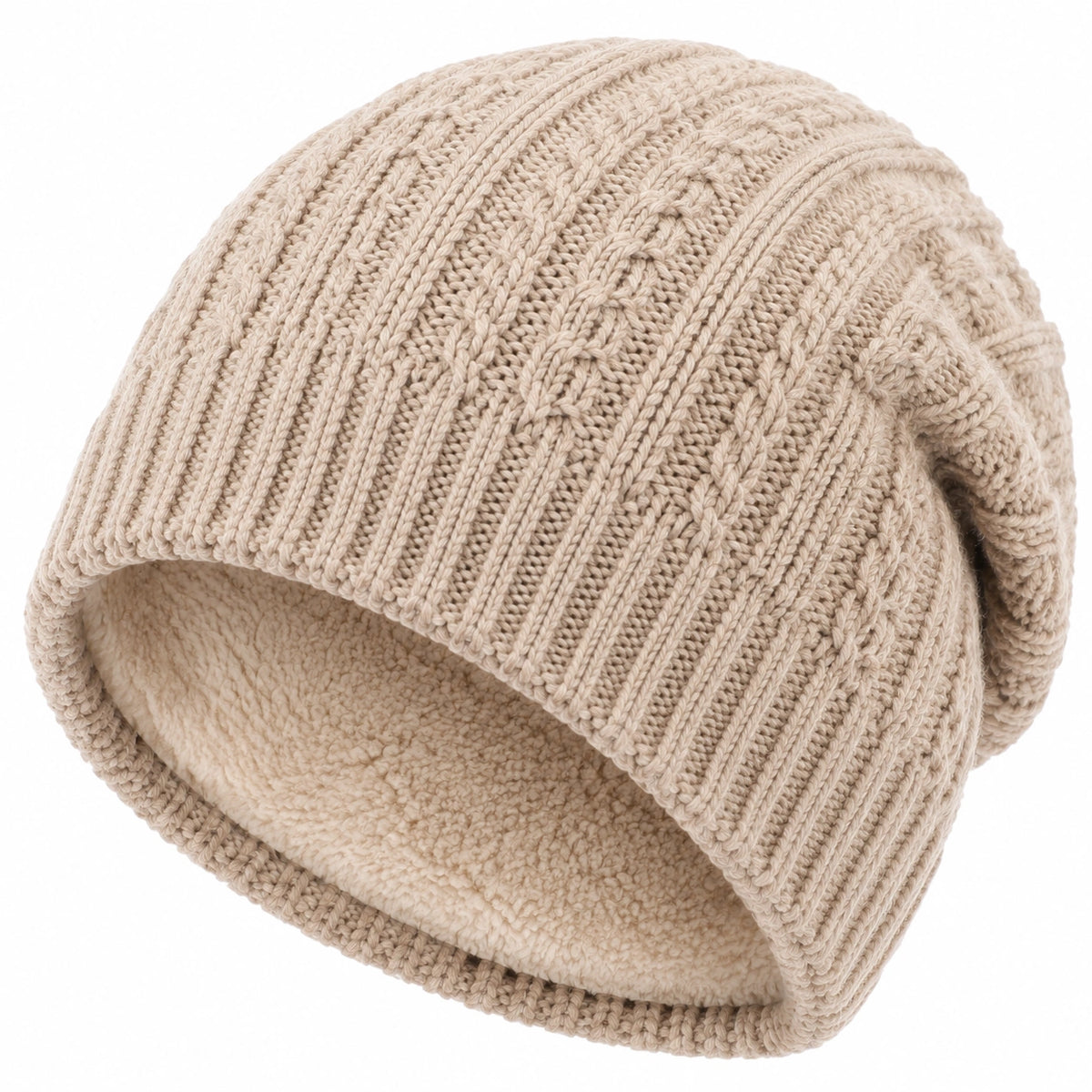 Gorro de punto talla única beige con forro afelpado - estilo trenzado para invierno