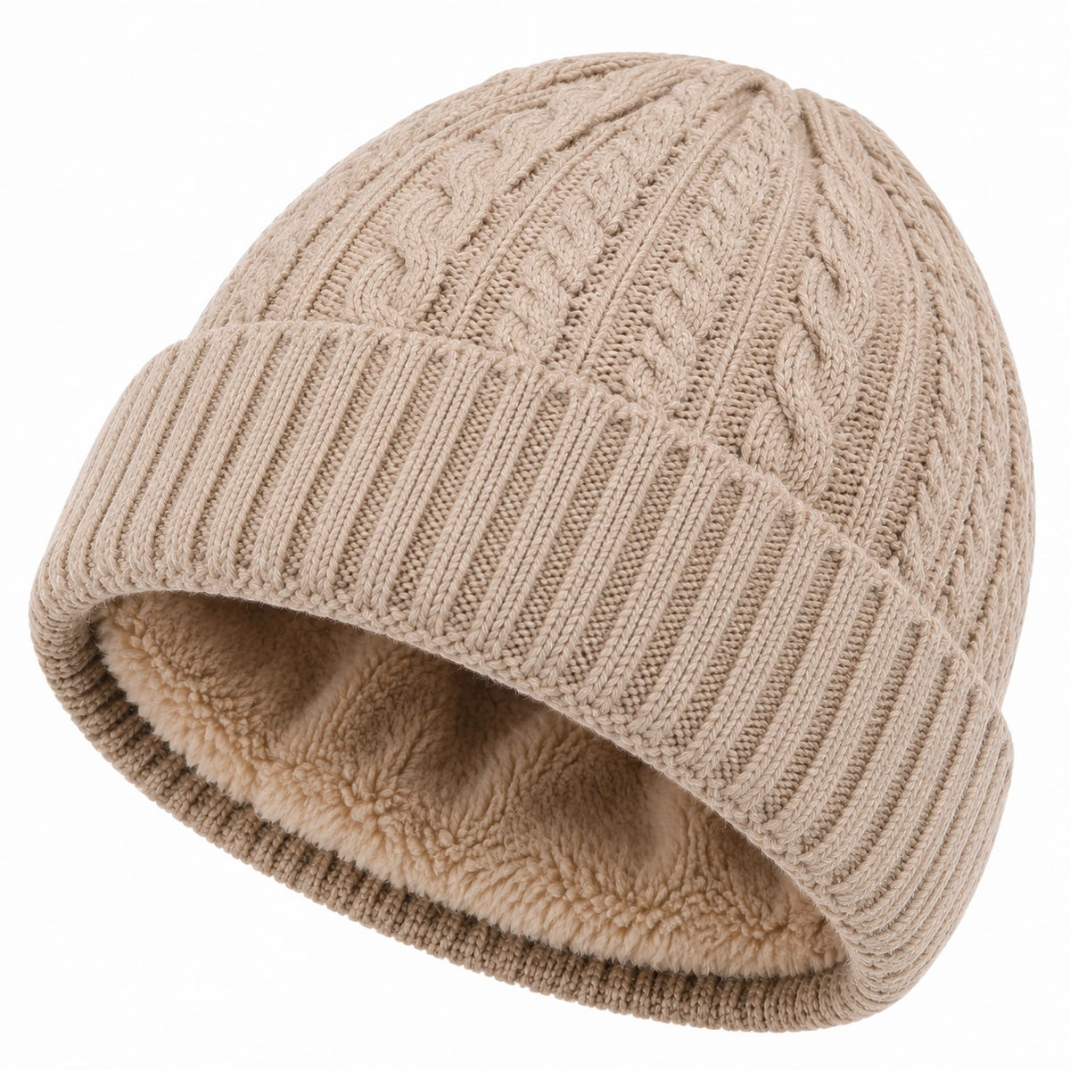 Gorro de punto talla única beige con forro afelpado para invierno