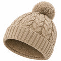 Gorro de punto talla única beige con forro cálido y pompón - estilo trenzado