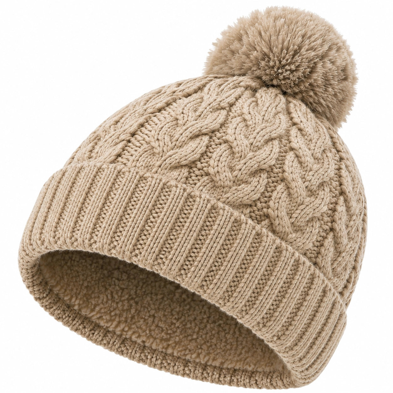 Gorro de punto talla única beige con forro cálido y pompón - estilo trenzado