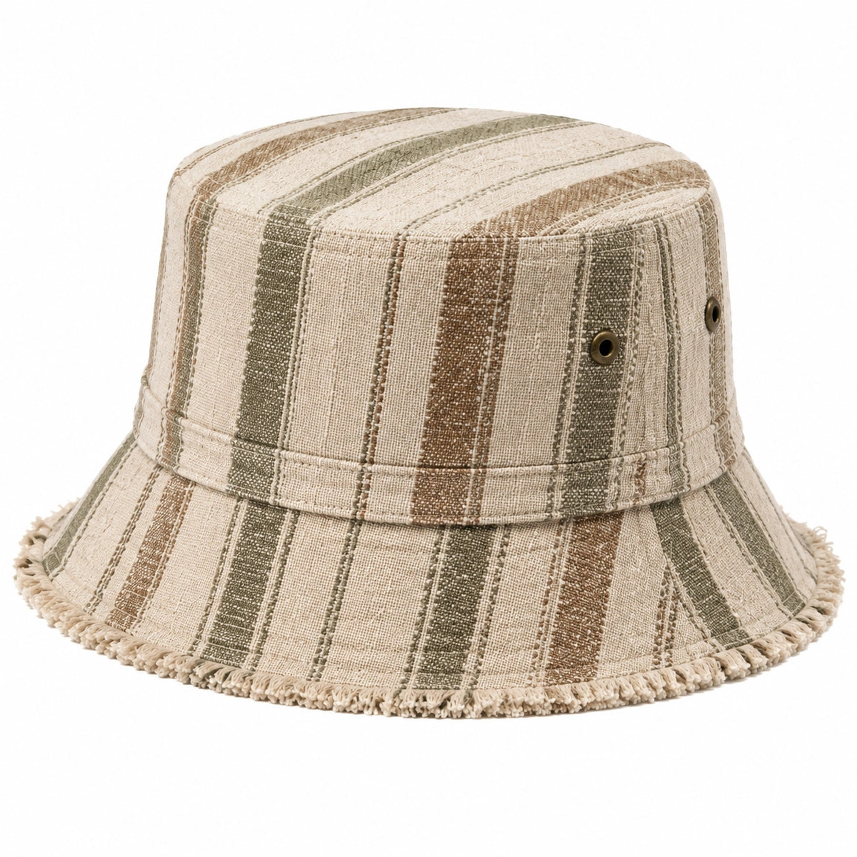 Sombrero de pescador talla única de tejido a rayas beige verde caqui y marrón con ala desflecada