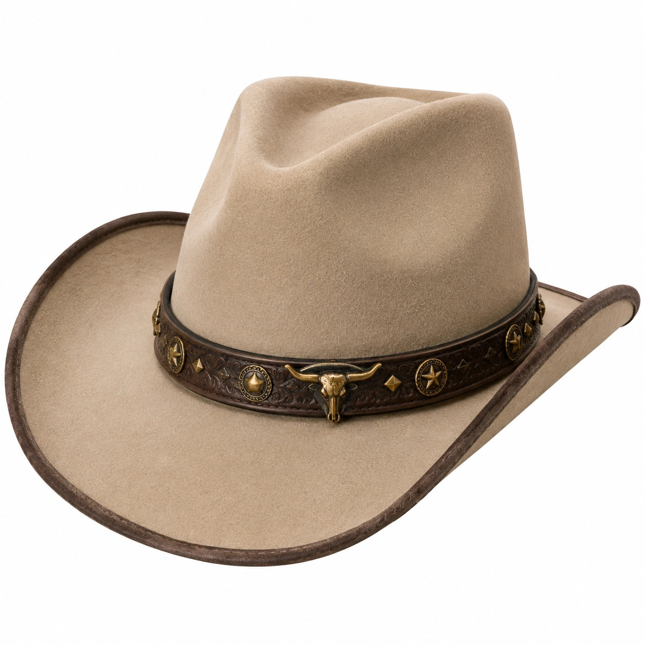 Sombrero vaquero talla única beige de tejido aterciopelado con banda decorativa estilo cowboy